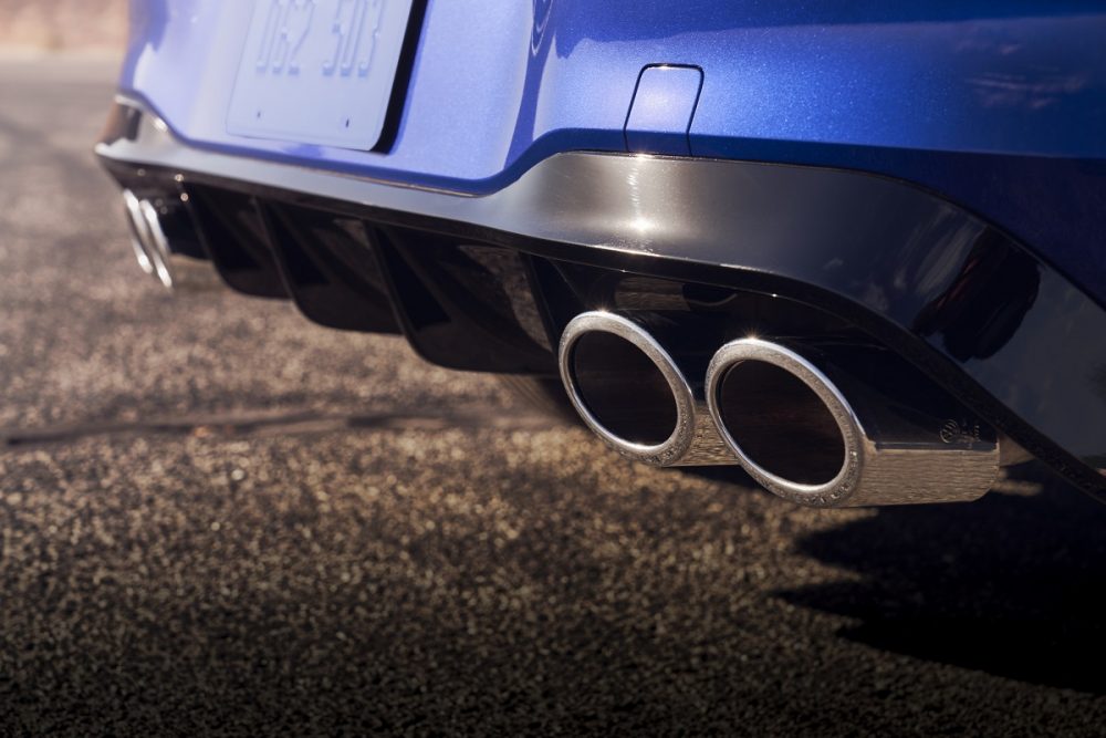 Close up of the dual exhaust system on the 2022 Volkswagen Golf R