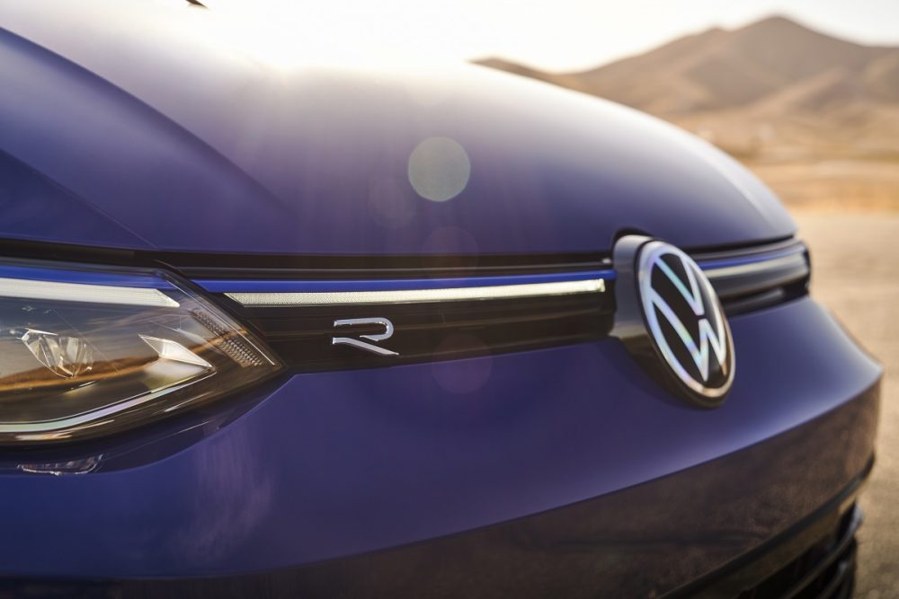 Close up of the front grille and badging on the 2022 Volkswagen Golf R