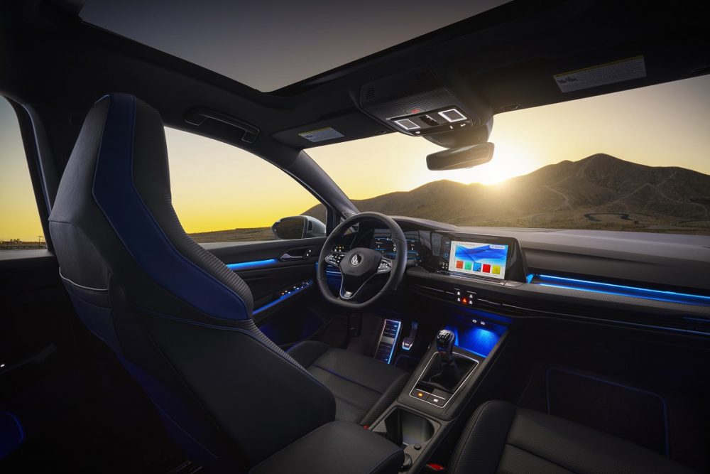 Interior view of the front seat area in the 2022 Volkswagen Golf R