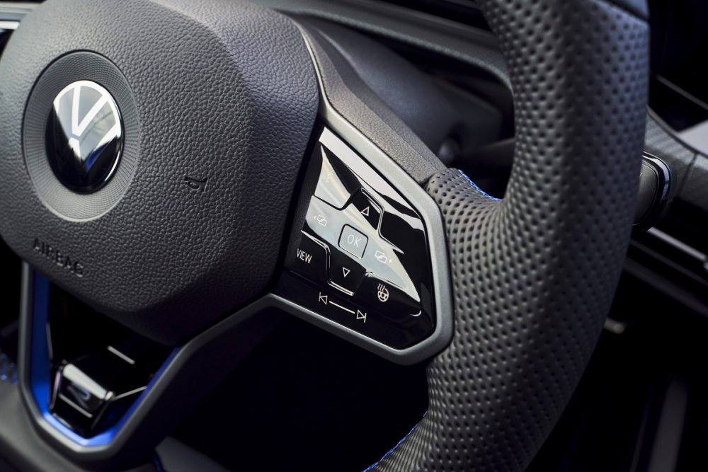 Close up of the steering wheel buttons on the 2022 Volkswagen Golf R