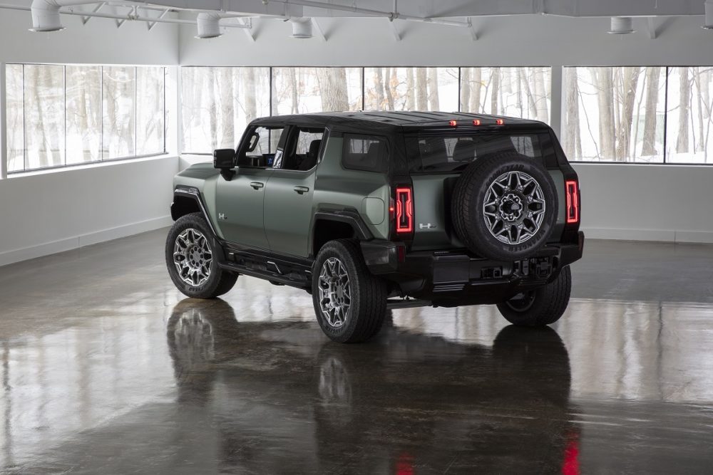 Rear exterior view of the 2024 GMC Hummer EV SUV