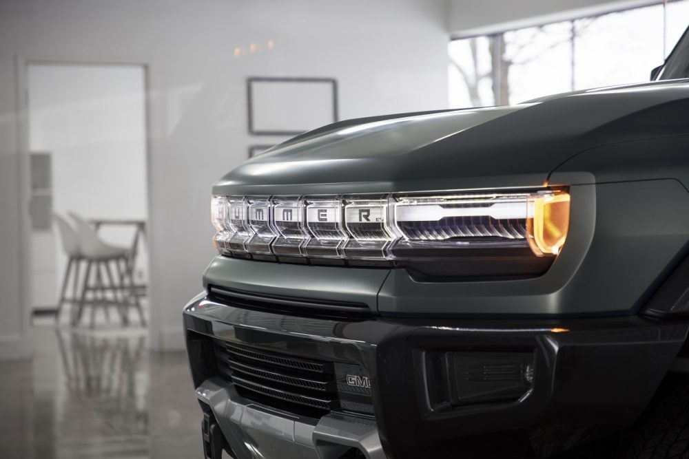 Close up of the front grille and headlights on the 2024 GMC Hummer EV SUV