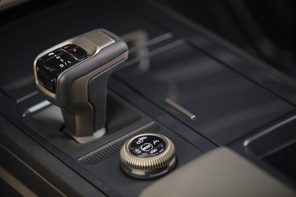 Close up of the gear shifter and drive mode knob in the 2024 GMC Hummer EV SUV