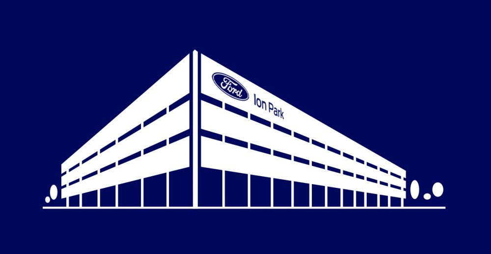 A logo for Ford Ion Park depicting artwork of the exterior