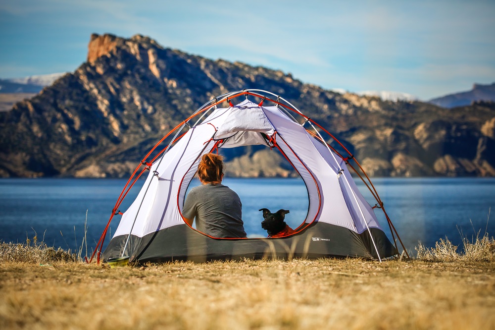 Woman and dog inside a camping tent