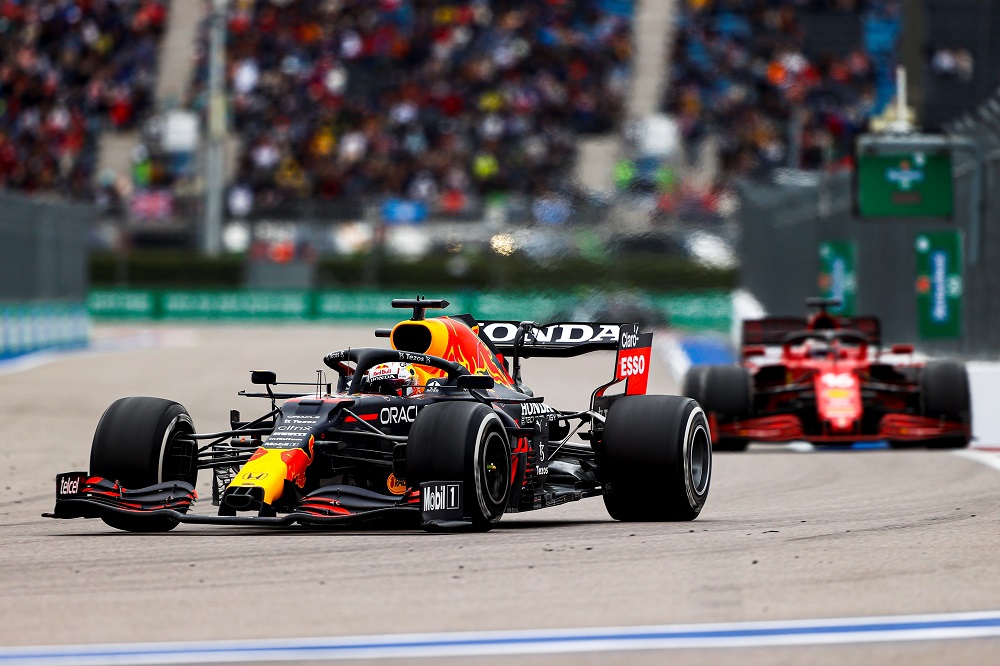 Max Verstappen leads Charles Leclerc on track at 2021 Russian Grand Prix