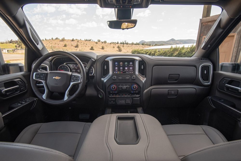 Interior front view of the 2022 Chevrolet Silverado 2500HD in gray and black