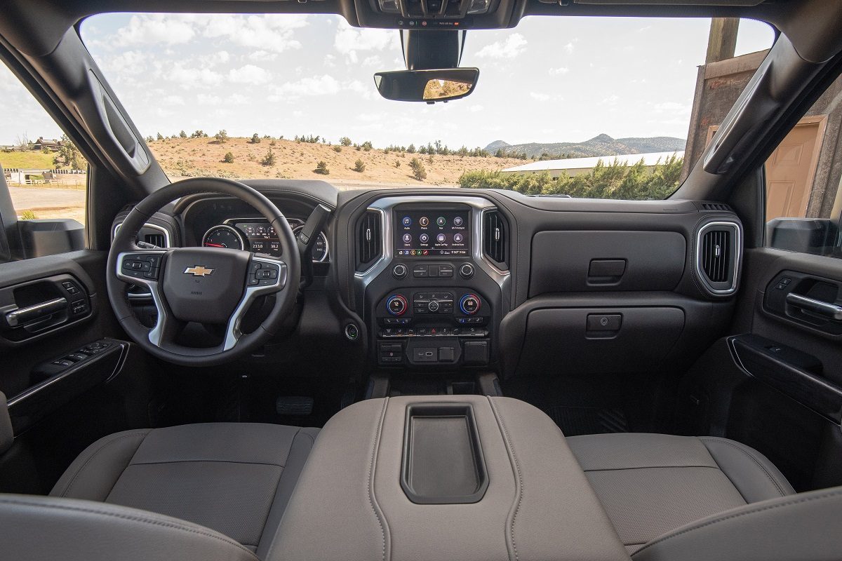 Interior front view of the 2022 Chevrolet Silverado 2500HD in gray and black