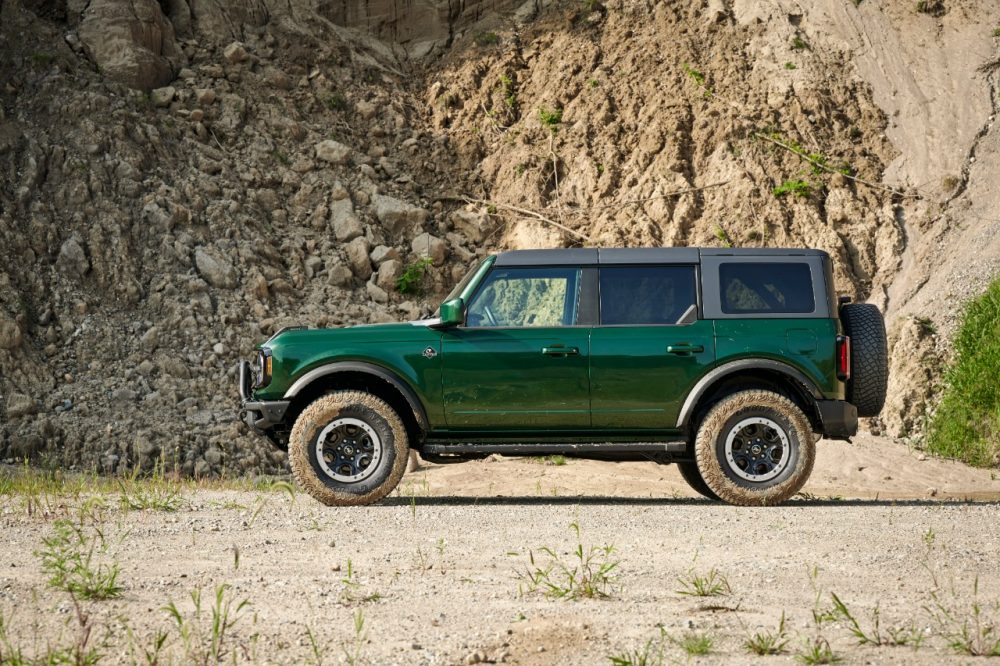 Side view of 2022 Ford Bronco four-door in Eruption Green