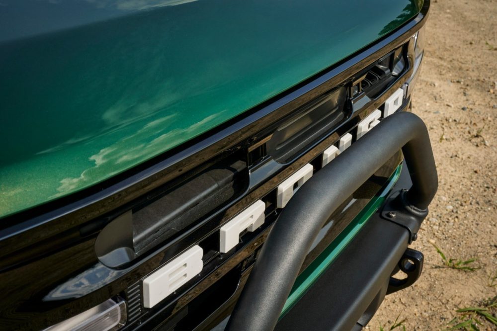 2022 Ford Bronco four-door in Eruption Green grille from high angle