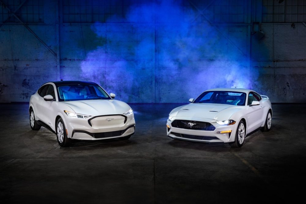 2022 Ford Mustang Mach-E and Mustang Coupe Ice White Edition side by side