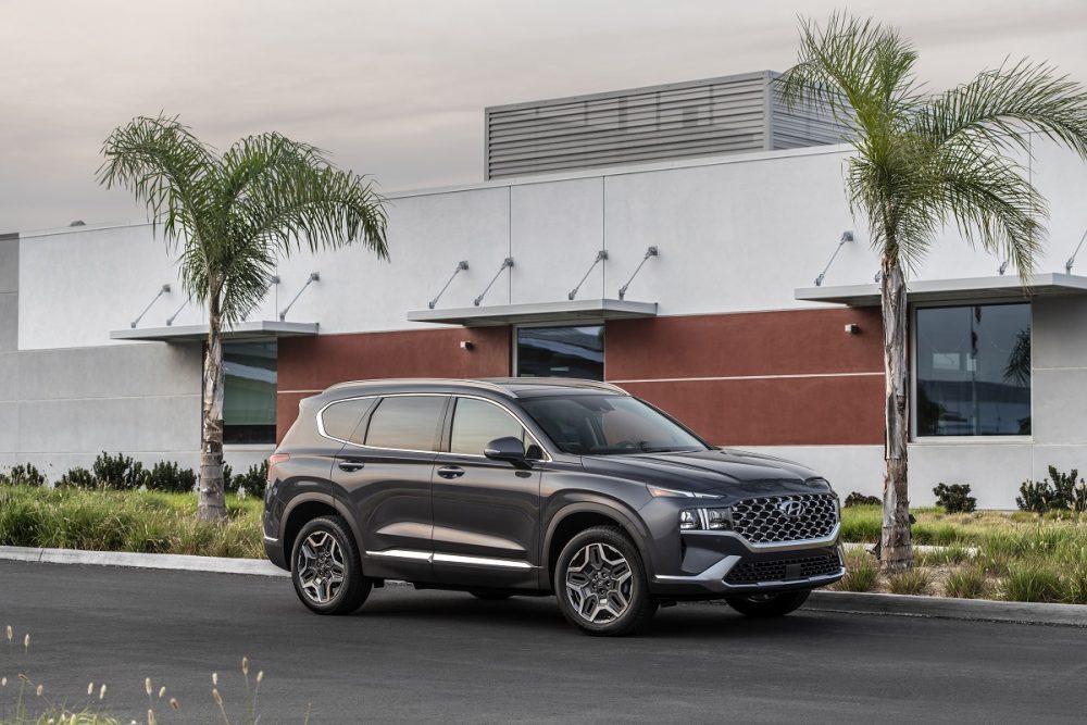 Front side view of 2022 Hyundai Santa Fe parked between palm trees in front of building