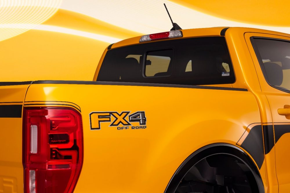 FX4 decal on a 2022 Ranger Splash Package on a Cyber Orange Lariat CrewCab with optional FX4 Package