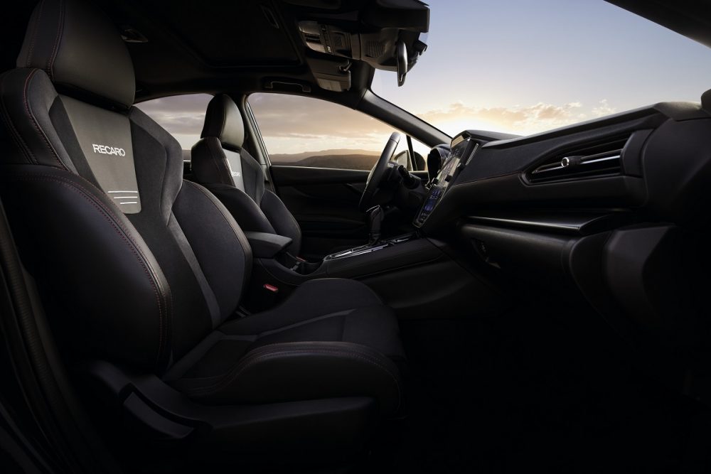 Interior side view of the front seat area in the 2022 Subaru WRX GT