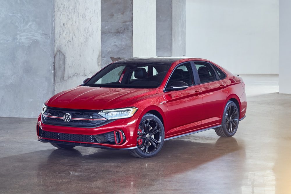 Front side view of a red 2022 Volkswagen Jetta GLI