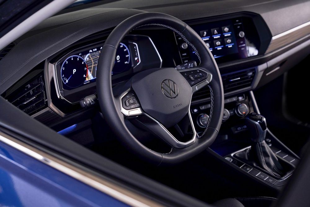Interior close up of the 2022 Volkswagen Jetta steering wheel