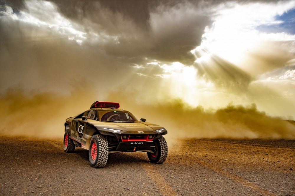 The Audi RS Q e-tron rally car traverses the Moroccan desert