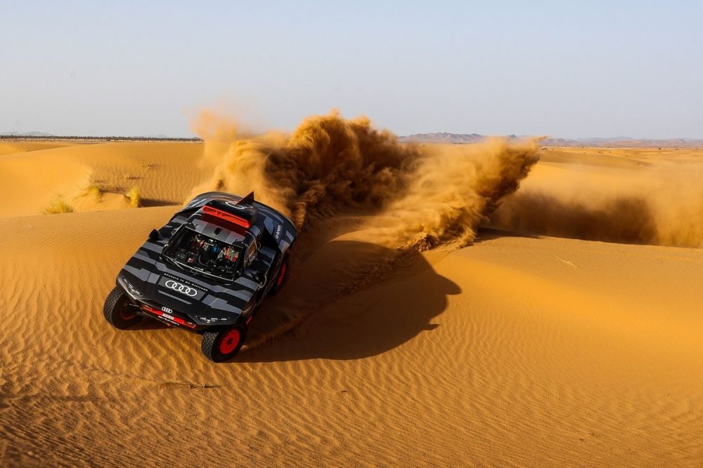 The Audi RS Q e-tron rally car traverses the Moroccan desert