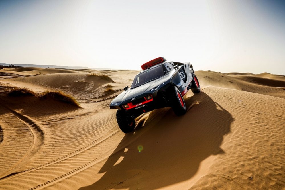 The Audi RS Q e-tron rally car traverses the Moroccan desert