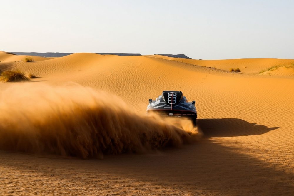 The Audi RS Q e-tron rally car traverses the Moroccan desert