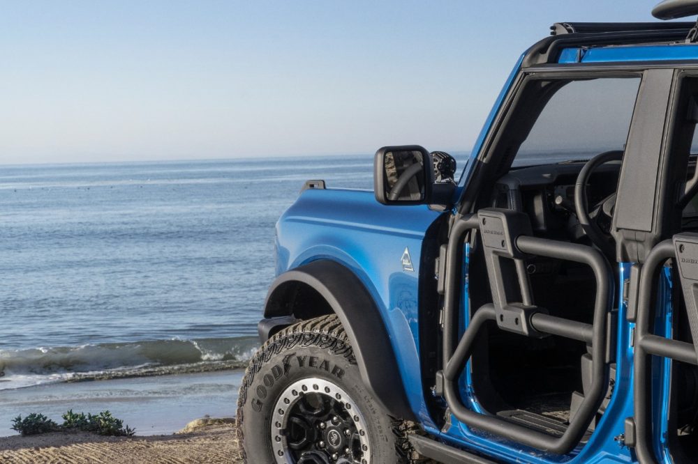 Ford Bronco Riptide project vehicle concept from driver's-side door overlooking the ocean