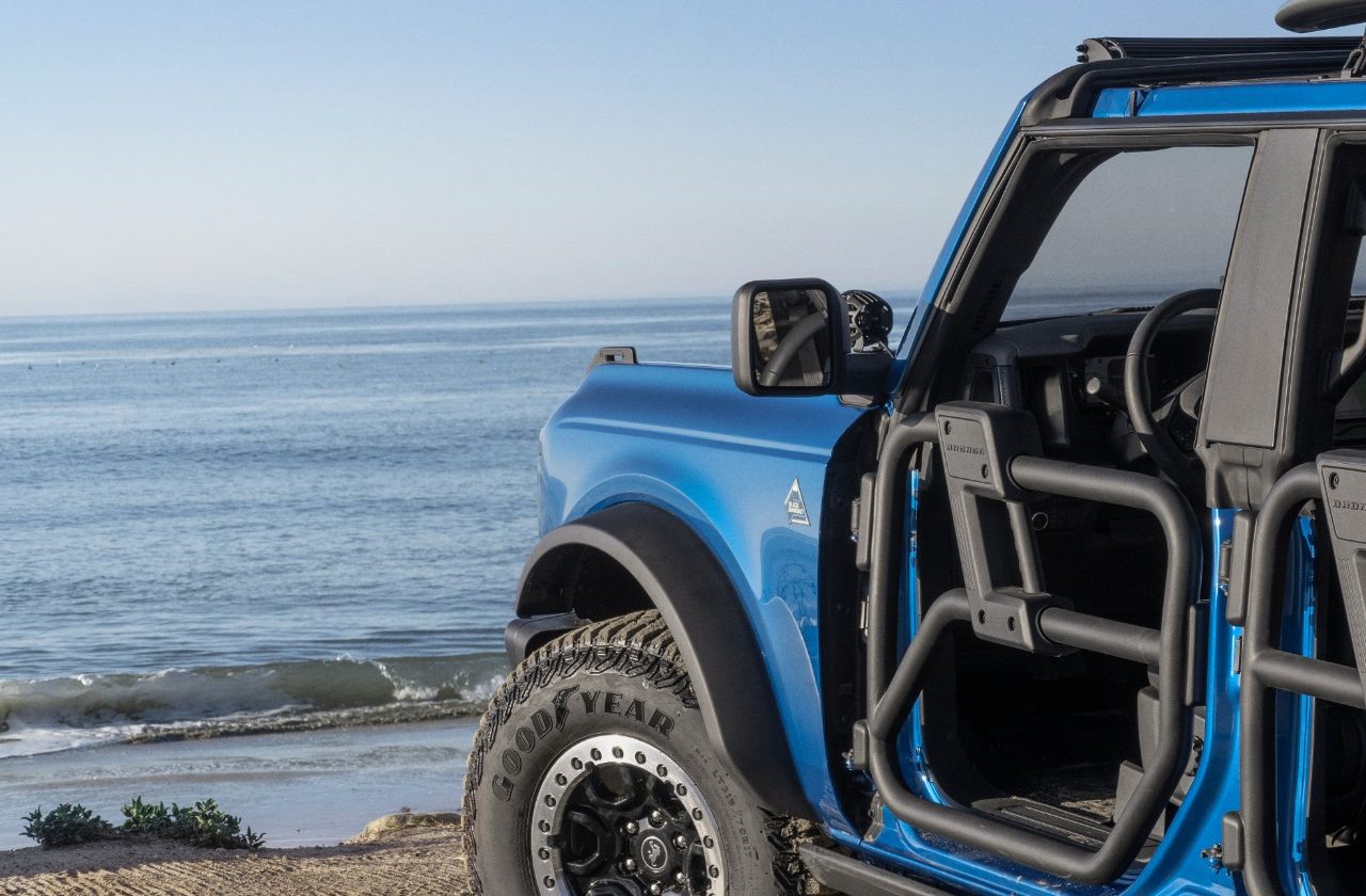 Ford Bronco Riptide project vehicle concept from driver's-side door overlooking the ocean