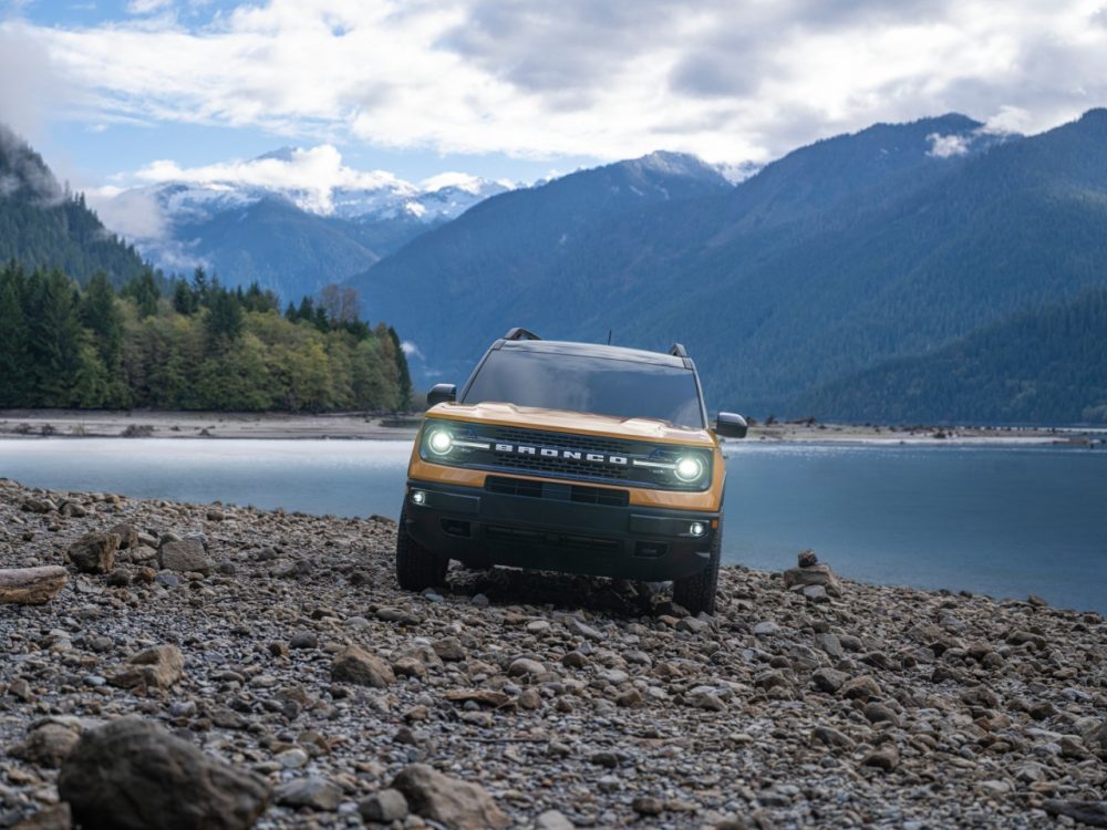 Ford Bronco Sport sat on a rocky beach