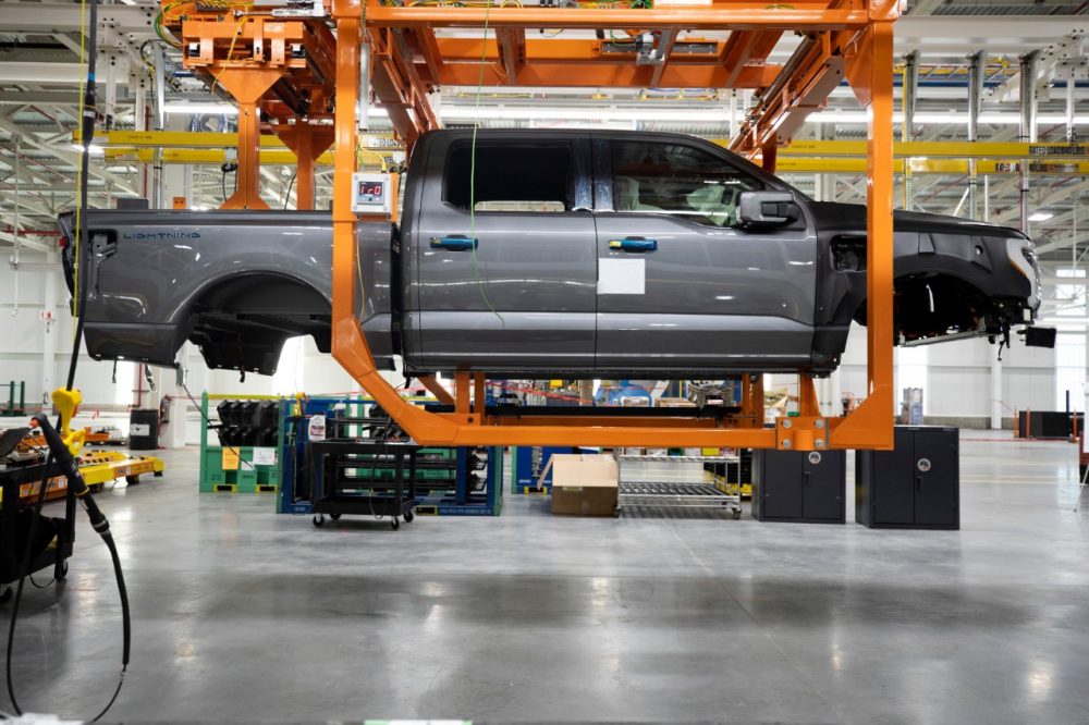 The body of a pre-production 2022 Ford F-150 Lighting at the Ford Rouge Electric Vehicle Center