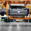 The body of a pre-production 2022 Ford F-150 Lighting at the Ford Rouge Electric Vehicle Center