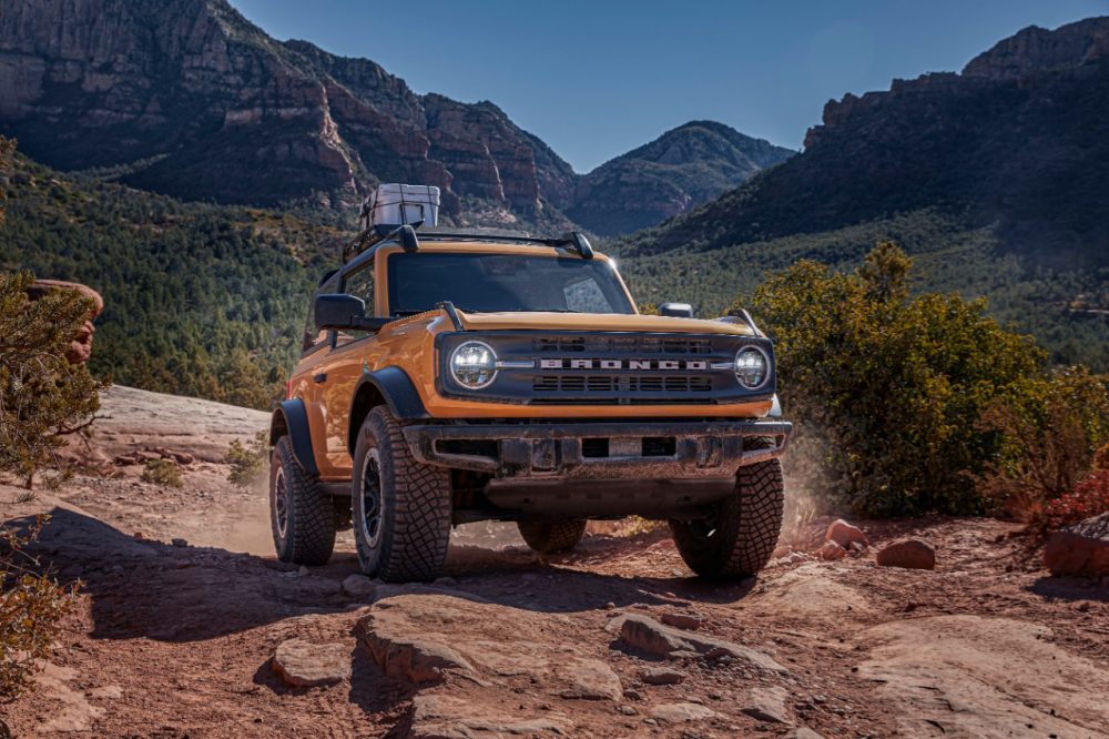 Front angle of Ford Bronco two-door in Cyber Orange