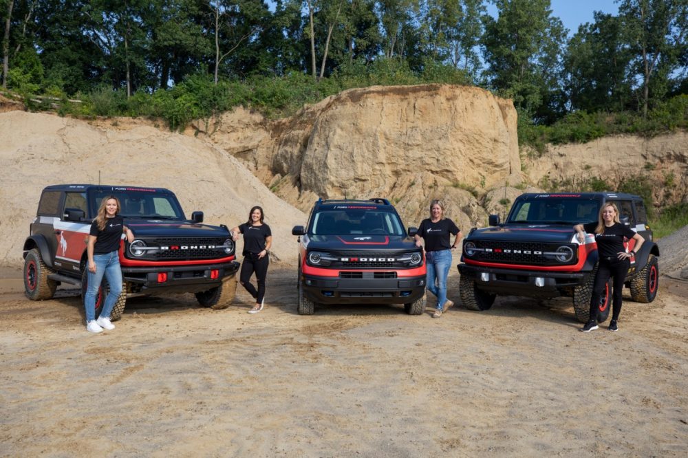 Drivers Penny Dale and Shelby Hall with their Ford Bronco two-door, Melissa Fischer with her Ford Bronco Sport, and Kathryn Reinhardt with her Ford Bronco four-door ahead of the 2021 Rebelle Rally
