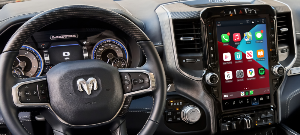 The Uconnect 5 system and steering wheel in a Ram vehicle