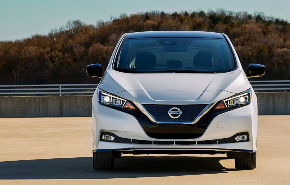 front view of a white 2021 Nissan Leaf