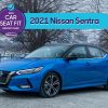 side view of a blue 2021 Nissan Sentra with banner on top saying 2021 Nissan Sentra and Car Seat Fit Report Card