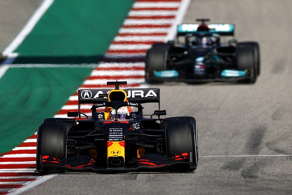 Verstappen leading Hamilton on track