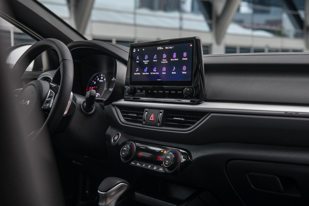 View of the 2022 Kia Forte touch-screen display and center dash