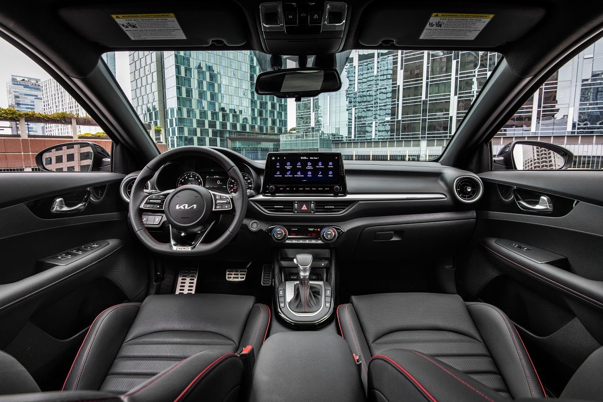 Interior view of the front seat area in the 2022 Kia Forte