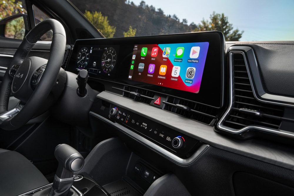 Interior view of the center dash and touch screen in the 2023 Kia Sportage X-Pro