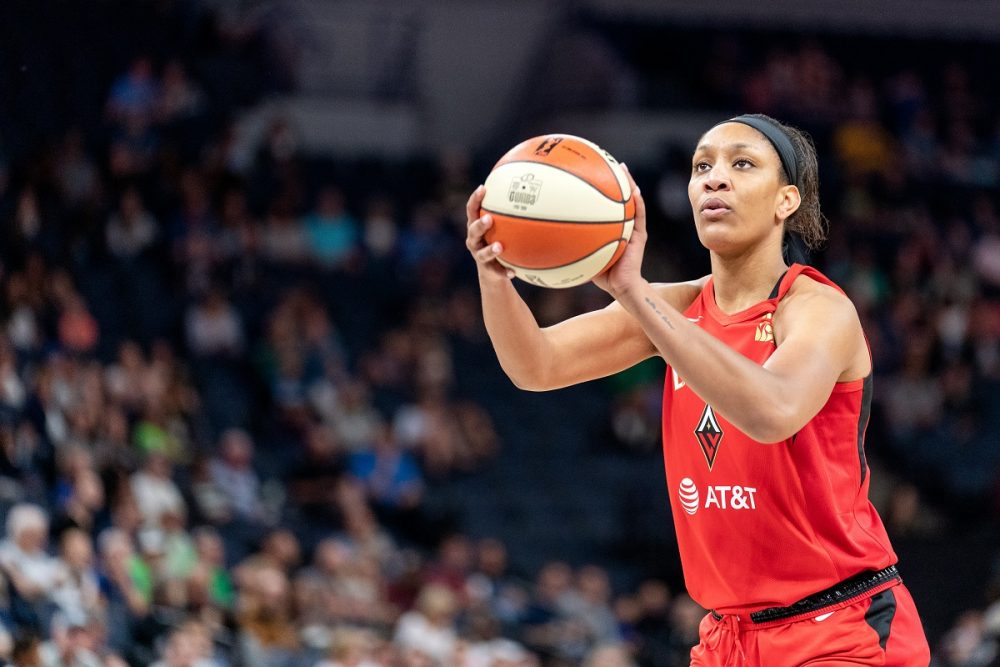 WNBA player A'ja Wilson shoots a foul shot during a Las Vegas Aces game