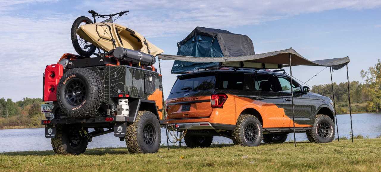 Ford Expedition Timberline Off-Grid concept rear with loaded trailer