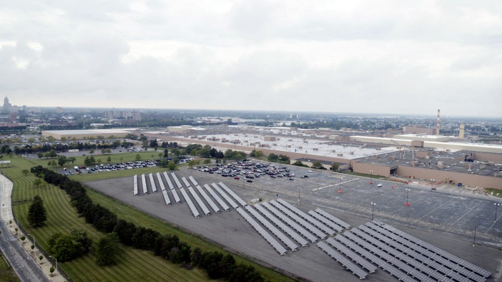 A photovoltaic solar panel array at General Motors' Factory Zero plant in Hamtramck, Michigan