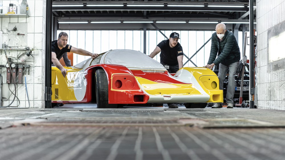 Porsche 962 C pushed out of the paint shop