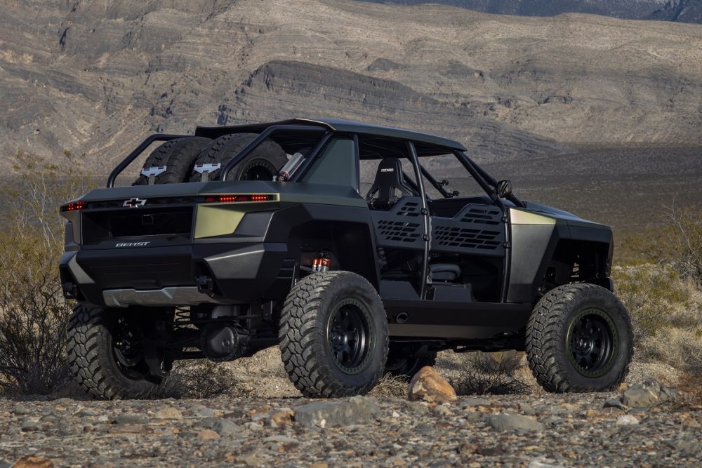 Rear view of The Chevy Beast concept in a desert area