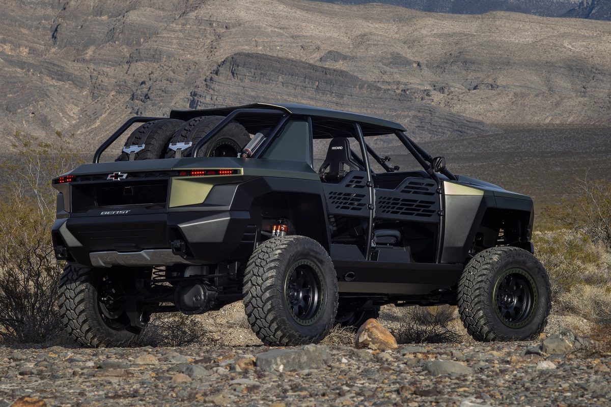 Rear view of The Chevy Beast concept in a desert area