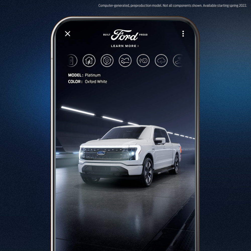 2022 Ford F-150 Lightning: Strike Anywhere AR Experience on smartphone configurator Platinum model in Oxford White