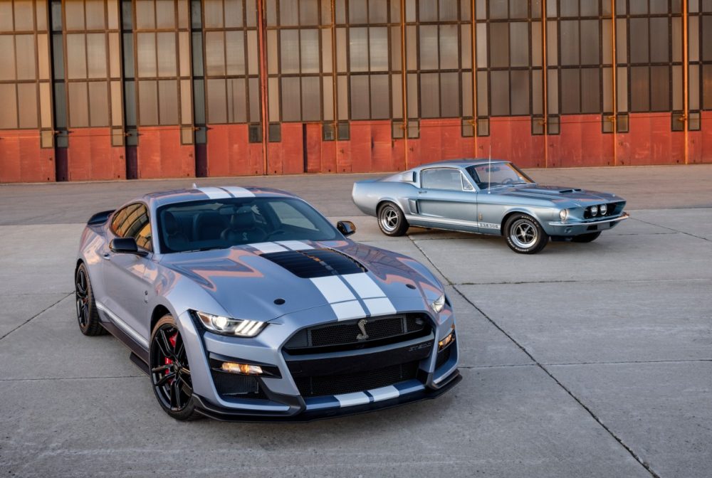 2022 Ford Mustang Shelby GT500 Heritage Edition with a 1967 Shelby GT500 in the background