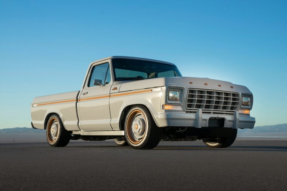 All-electric Ford F-100 Eluminator concept truck front right stance