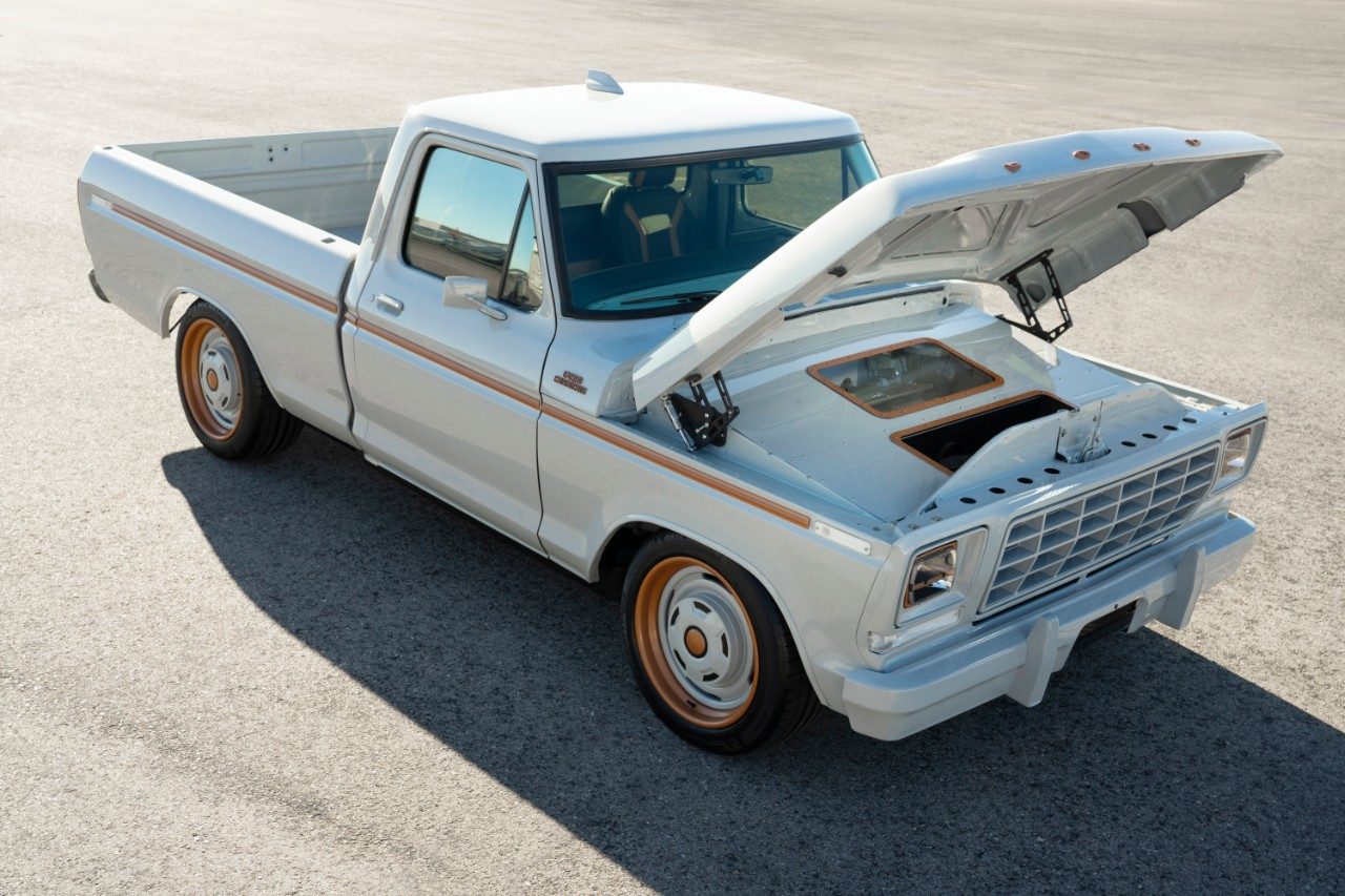 All-electric Ford F-100 Eluminator concept truck right top down with hood up