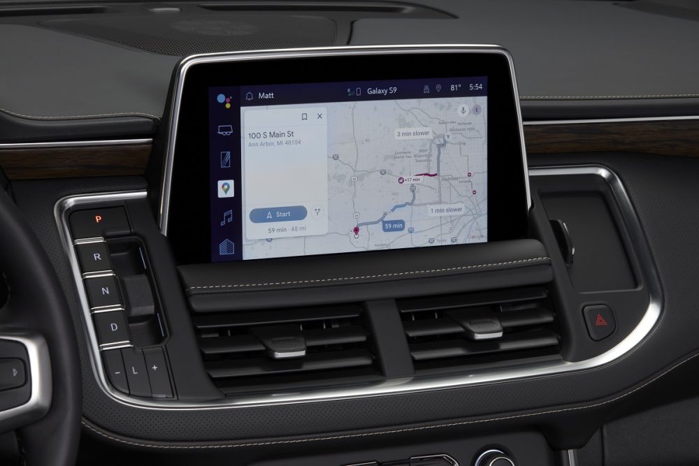 Close-up view of 2022 Chevrolet Tahoe touch screen with Google Maps