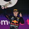 Max Verstappen gives a thumbs up on podium of 2021 Saudi Arabian Grand Prix